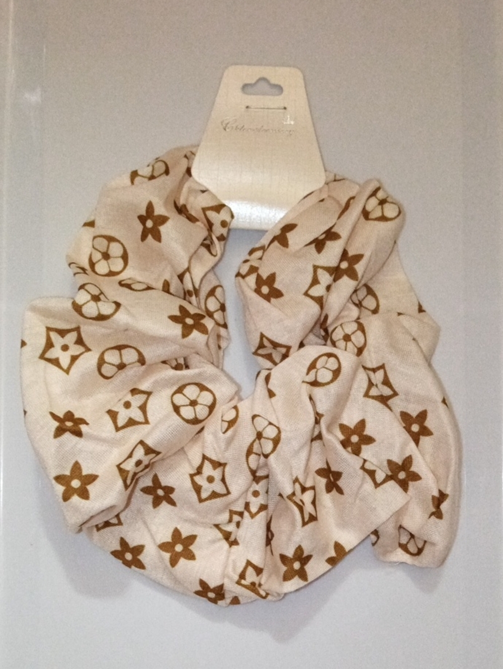 Cream and Brown Patterned Hair Scrunchie - Women Accessories